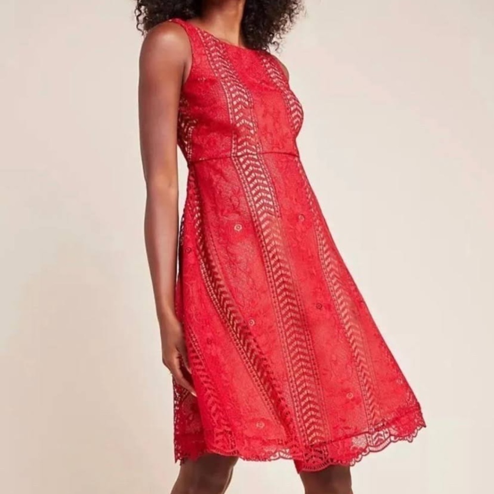 Anthropologie Red Lace Georgia Midi Dress Fit and Flare Sleeveless Size 12